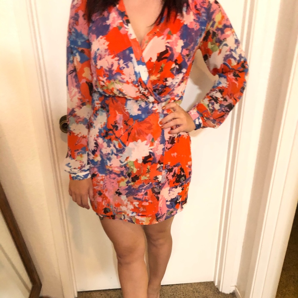 Coral Floral Watercolor Print Short Dress